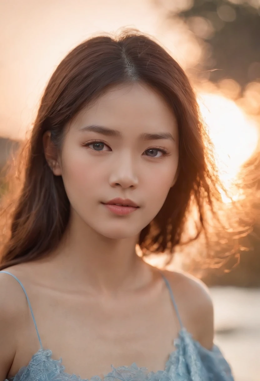 A touching close-up of an Asian girl with a beautiful water spirit，Her blue eyes were full of wisdom and a hint of melancholy，Surrounded by a soft afterglow of the sunset，4k，Shot with a Canon EOS R6，using a portrait lens，Shoot in warm golden hour lights