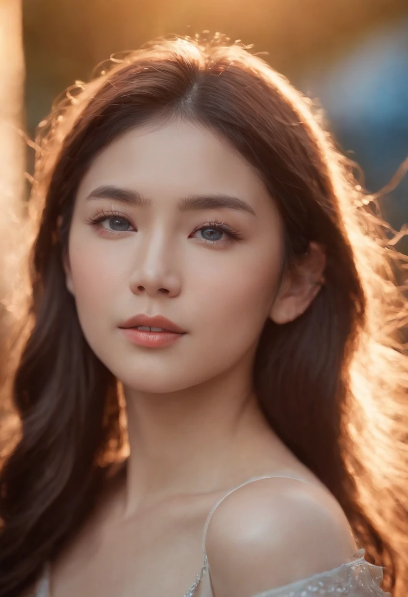 A touching close-up of an Asian girl with a beautiful water spirit,Her blue eyes were full of wisdom and a hint of melancholy,Surrounded by a soft afterglow of the sunset,4k,Shot with a Canon EOS R6,using a portrait lens,Shoot in warm golden hour lights
