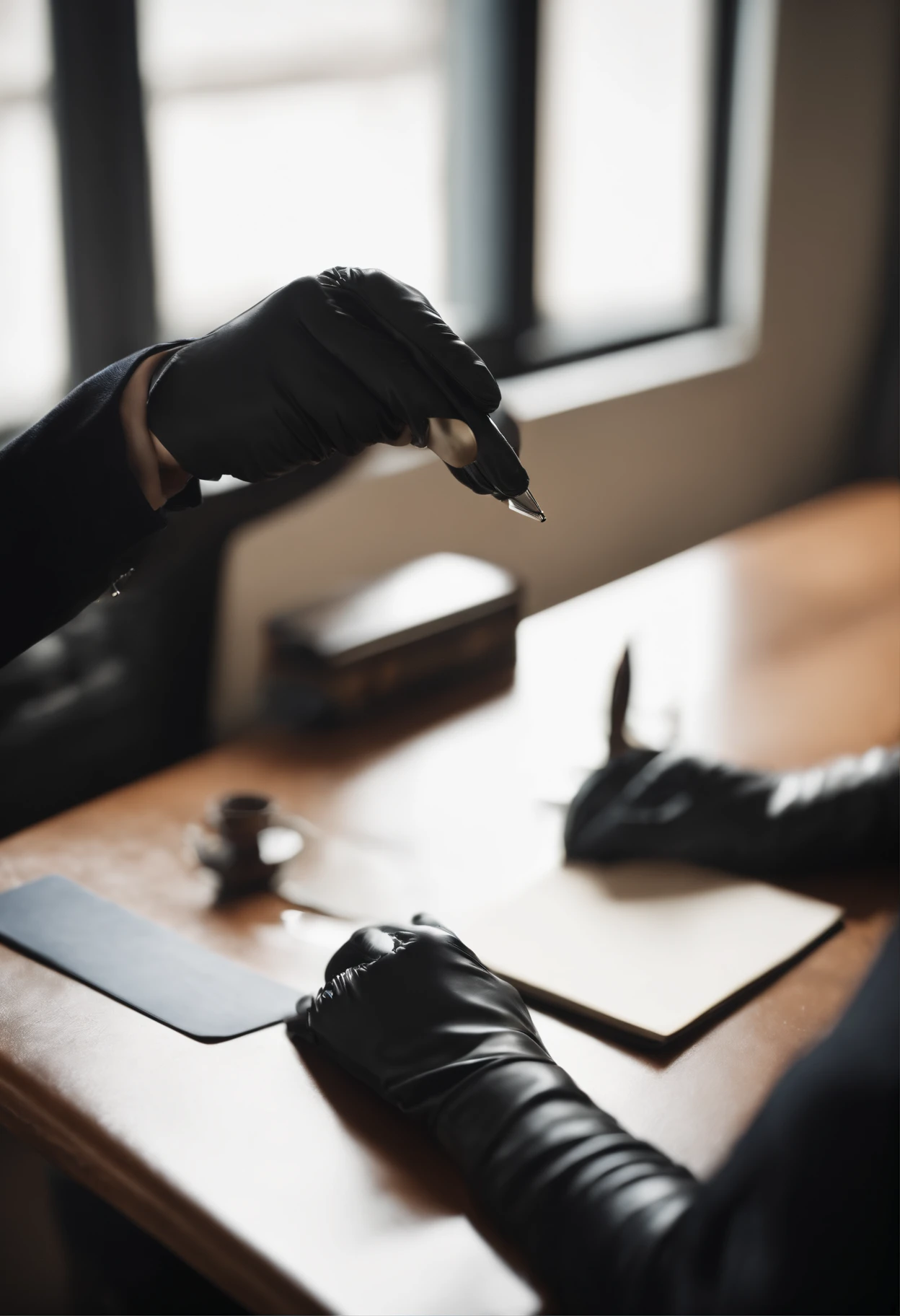 Wearing black leather gloves in both hands, upper body, black business suit, facing the desk in the modern study in the dark, looking down, smiling, writing a letter using a fountain pen, long, straight black hair, young and cute face Japanese female new employee (black leather gloves cover both hands)