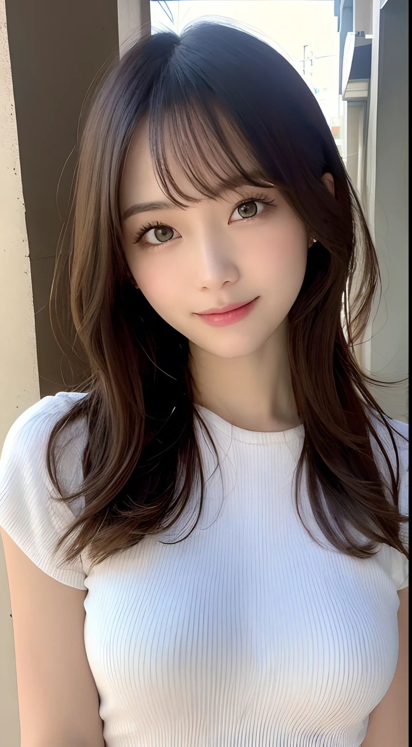 (8K, original photo, Reality:1.25) ,( Small lip gloss, eyelash, Glossy surface, Smooth and radiant skin, Best quality, Ultra-high resolution, Depth of Field, Chromatic Aberration, Caustic lines, Wide-angle light, Natural shadows, ) ,Full Body Love,slim,Brown hair, Bangs, hair behind ears, Shoulder-length hair, long hair,medium cleavage,realistically