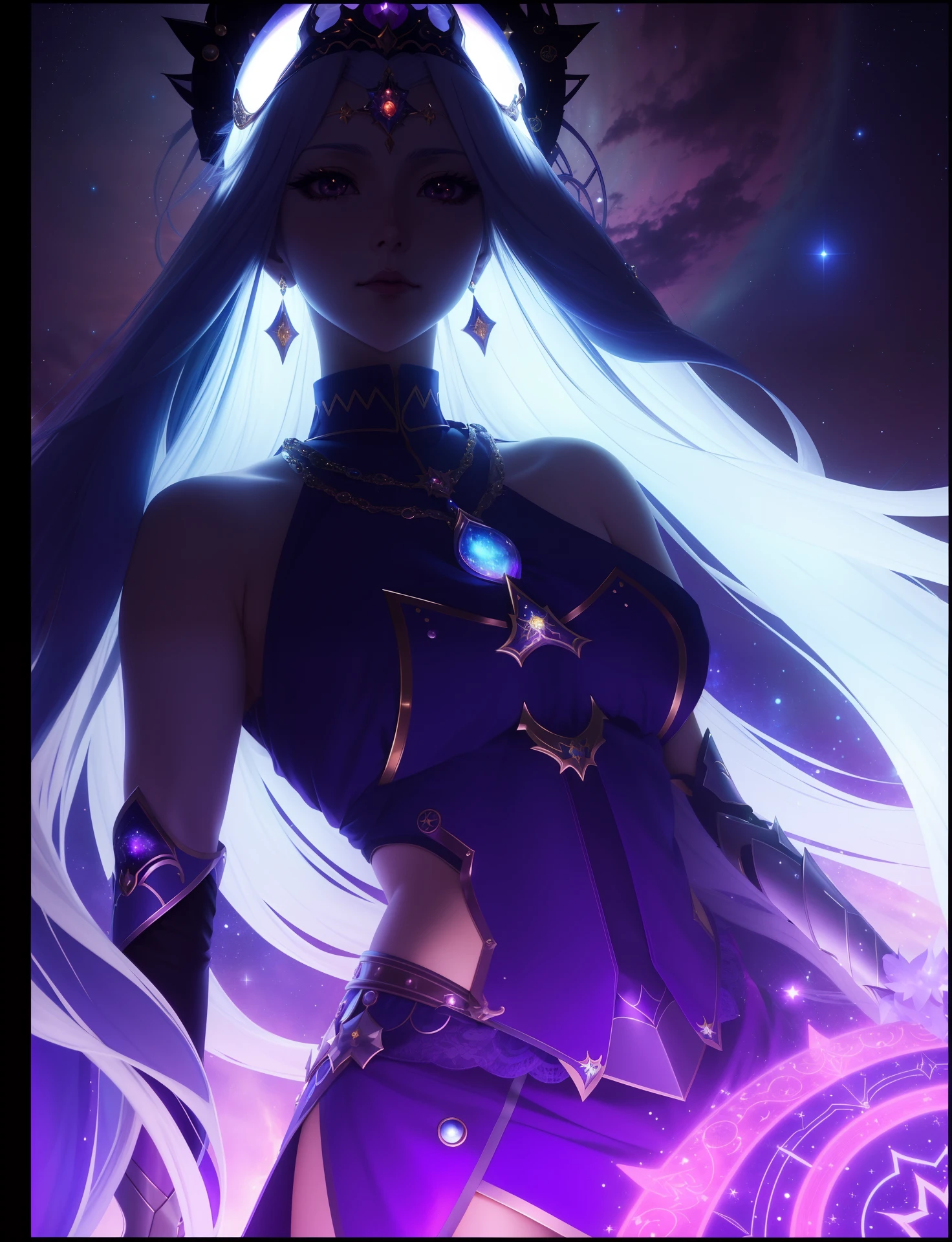 a close up of a person with long hair and a sword, ((a beautiful fantasy empress)), anime goddess, beautiful celestial mage, portrait knights of zodiac girl, goddess of space and time, knights of zodiac girl, goddess of galaxies, white haired deity, albedo from the anime overlord, astral witch clothes, ethereal anime, celestial goddess, beautiful goddess