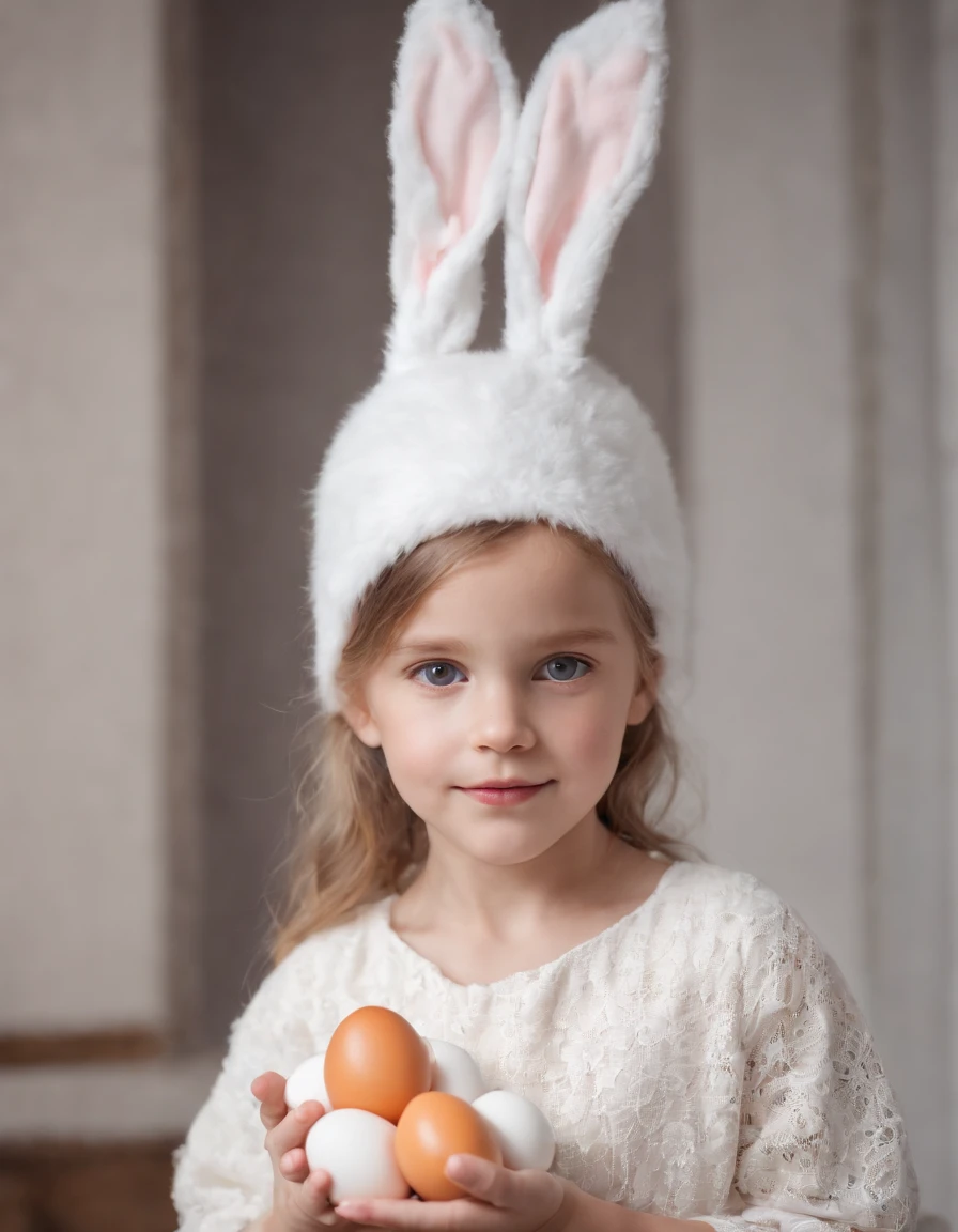 a  holding some eggs in bunny ears, in the style of light white and white, halloween, elegant, emotive faces, texture-based, modern, 4k, 1970–present