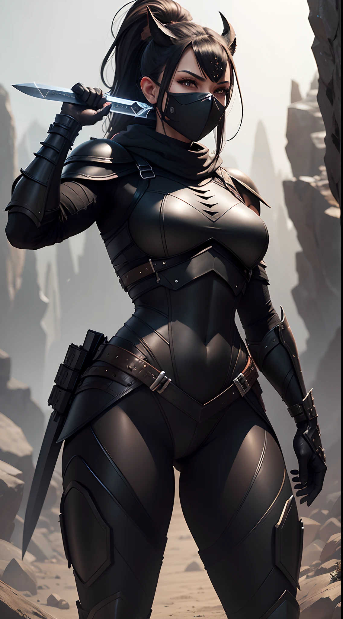 anthro (black scorpion), female, adult, fit, wears black body armor, wields knives, detailed background, wilderness background, photorealistic, hyper realistic, ultra detailed