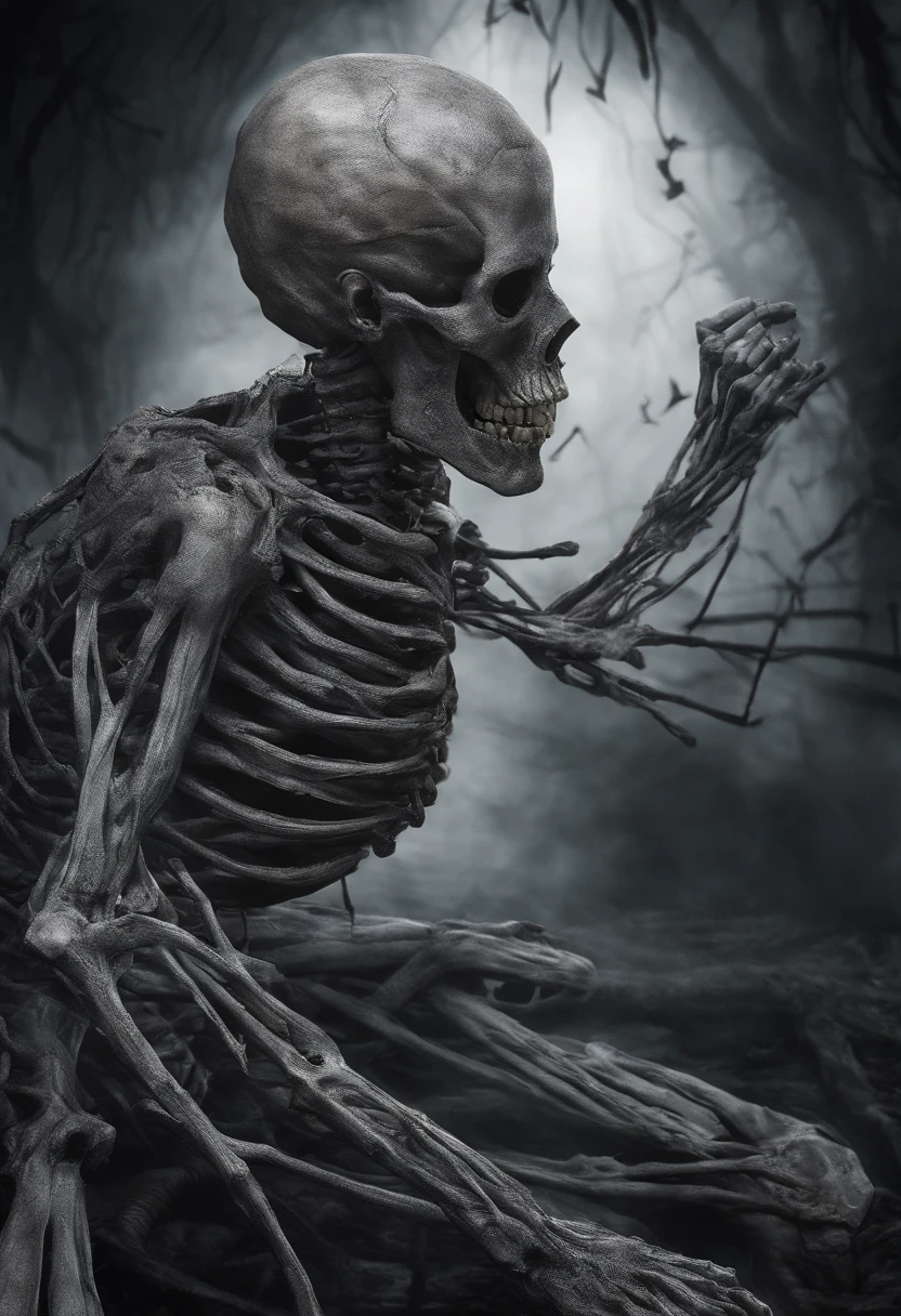 contortion,variation,No skin,Exposed bloody muscles,Scary head,Disgusting paws,walks on all fours,Terrifying twisted mutants,revealing bones,Head with bones and sharp teeth exposed,Twisting the weird body,Bursting chest,Next to it are a lot of dead humans and skeletons,Not normal,Rotten body and head