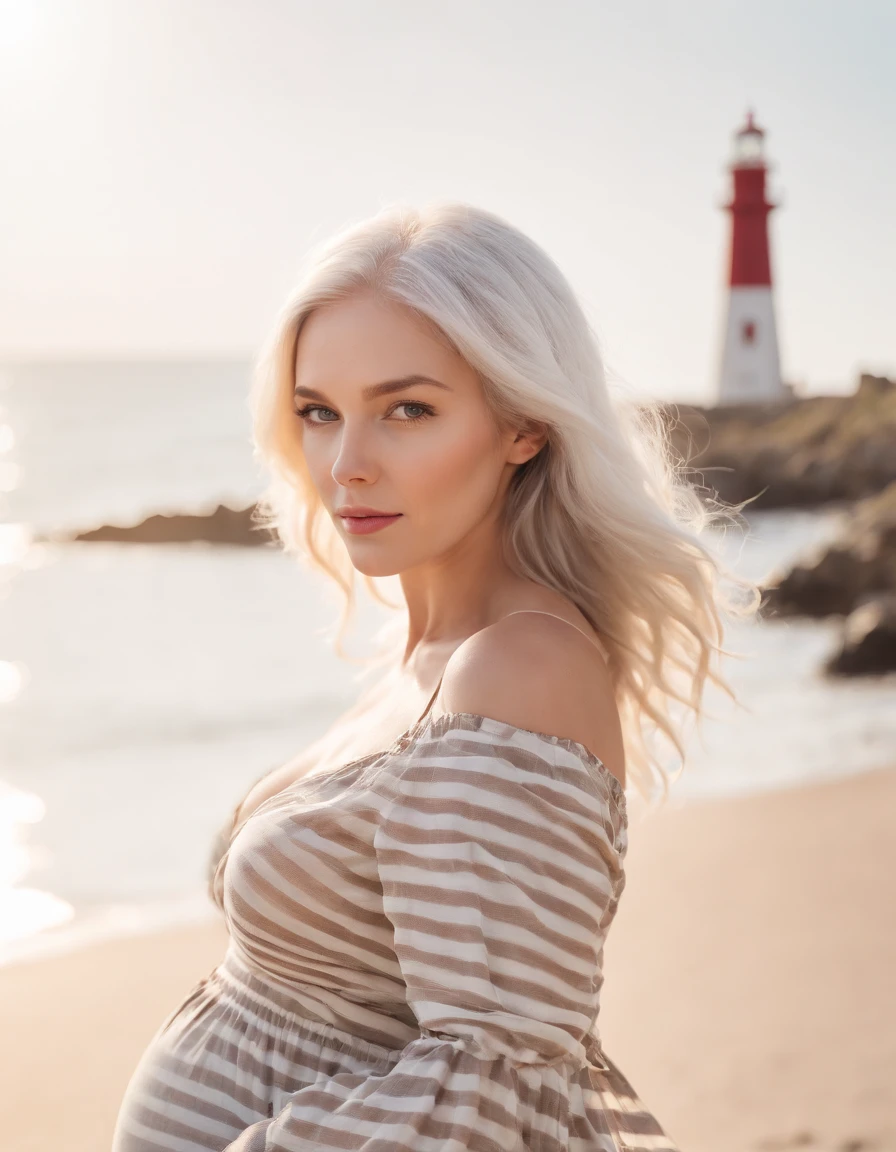 pregnant woman in dress printed with striped,Coastal beauty,(white hair), (bright eyes, sun-kissed skin, carefree expression),sandy beach background, lighthouse, gentle sea breeze,golden hour lighting, blurred background, rich colors, fine details, hyperrealistic, relaxed atmosphere. natural blurry