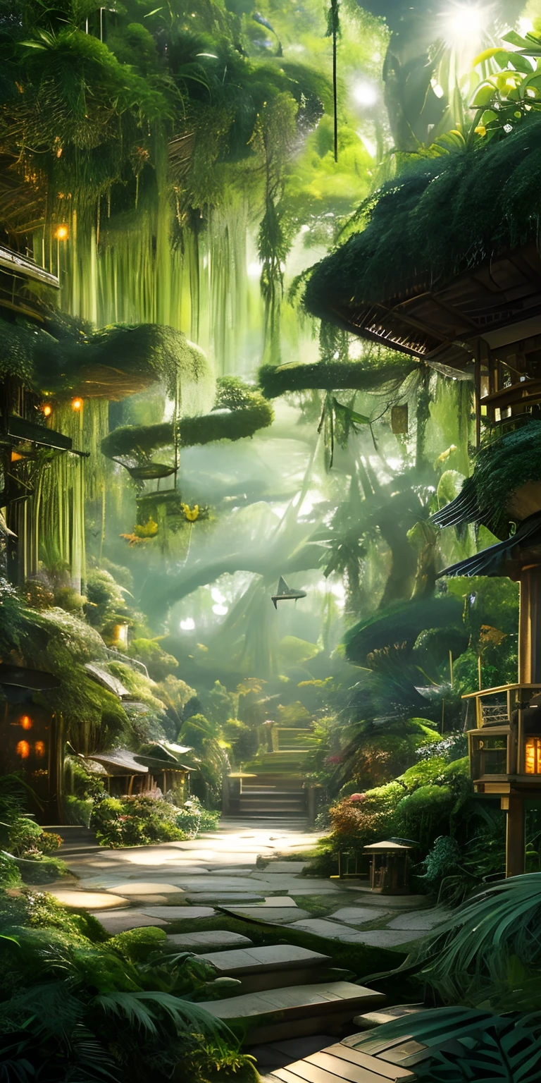 Detailed and intricate digital illustration of dense jungle full of exotic plants and animals，Sunlight filters through the canopy to create a mottled effect。The style of Yoshitaka Amano and Hayao Miyazaki，log cabin，A Husky，A flock of sheep，tmasterpiece，proportionate，the detail，trends in art station，beautiful light up，realisticlying，复杂，Award-Awarded，4k，Awarded for the highest quality，4K digital painting in the style of Yoshitaka Amano。A detailed and complex depiction of the zombie apocalypse，The chaos and drama of the scene is subtly captured。Beautiful lighting and cinematic composition make this piece a true masterpiece，Popular on ArtStation