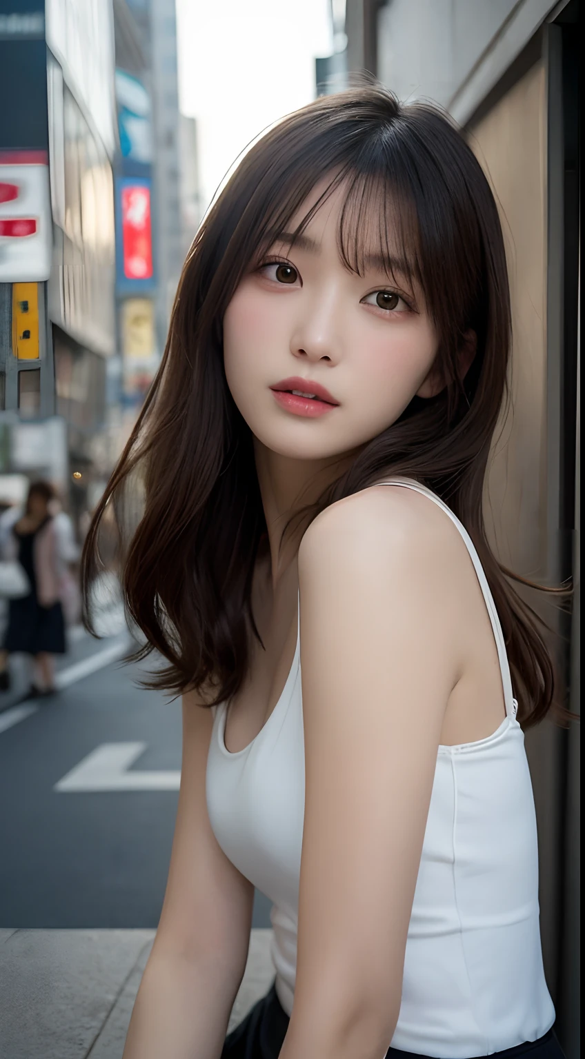 finely detail, hight resolution, hightquality、Perfect dynamic composition, Beautiful detailed eyes, Medium Hair, small tits、Natural Color Lip,Kamimei、Shibuya、20 years girl、1 persons、Transparent skin、Glowing hair、masutepiece, Best Quality, Illustration, Ultra-detailed, finely detail, hight resolution, 8K、The correct state of the human body、crouching down、Gravure Model Pose,Photographed with hair fluttering in the wind