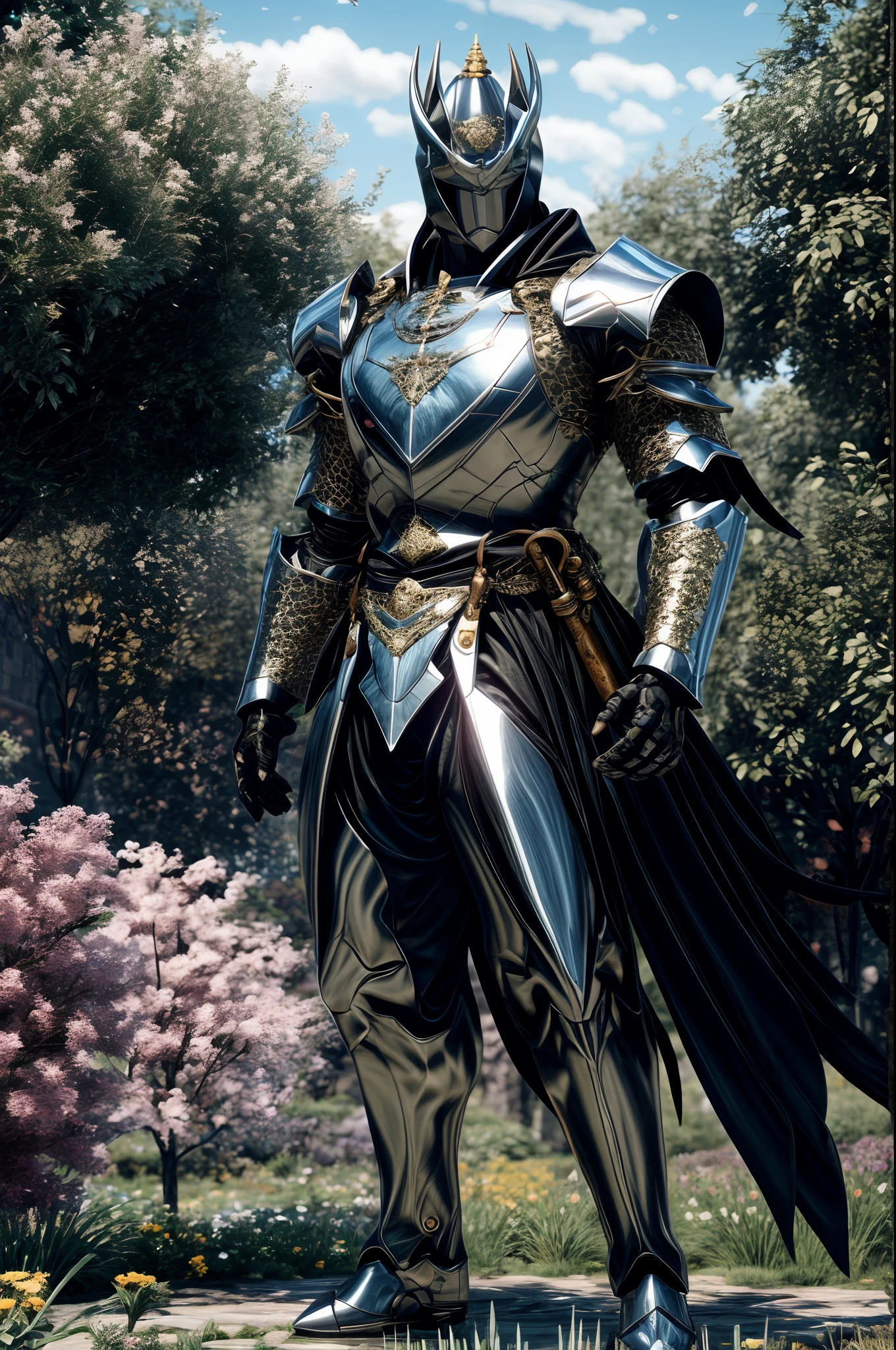 RAW photo,A man character with black short hair and light diamond armor standing in flowers garden, medieval royal castle at back, wearinh an legendary diamond armor, Mythical diamond armor, ancient diamond armor, cool prince, handsome man, weapon, holding light legendary longsword, ((Best quality, 8k, Masterpiece :1.3)), Highly detailed face and armor texture, super detailed, high quality, Fujifilm XT3