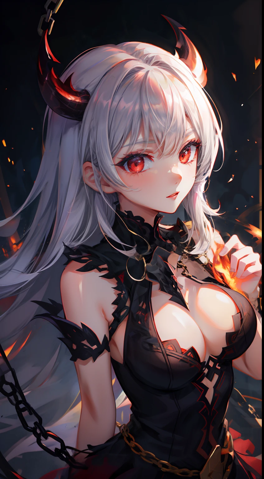 1 girl, upper body, single focus, seductive beauty, devilish attire, alluring expression, (fiery inferno: 1.4), (temptation's allure: 1.3), infernal features, seductive aura, [depth of field, ambient lighting, inferno foreground, tempting realm in the background], The Devil, temptation, seductive allure, (chains of desire), (infernal symbols: 1.2), intricate details, enhanced lighting.