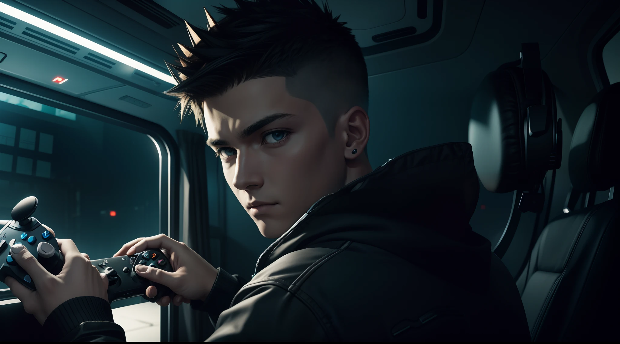 Urban legend with short spiky hair sitting  front with controller in hand with headphone in ear seeing camera front