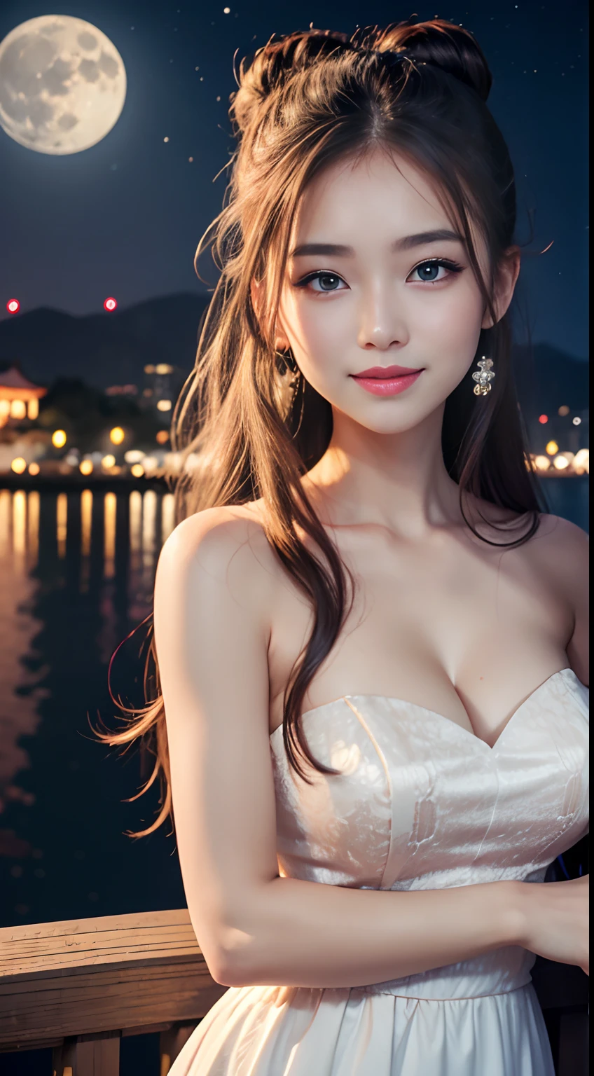 1girl, big moon, upper body, cinematic, Mid-autumn festival, smiling, close lips, chinesse white dress, look at view, long hair, bun hair, blue eyes, colorful hair,
