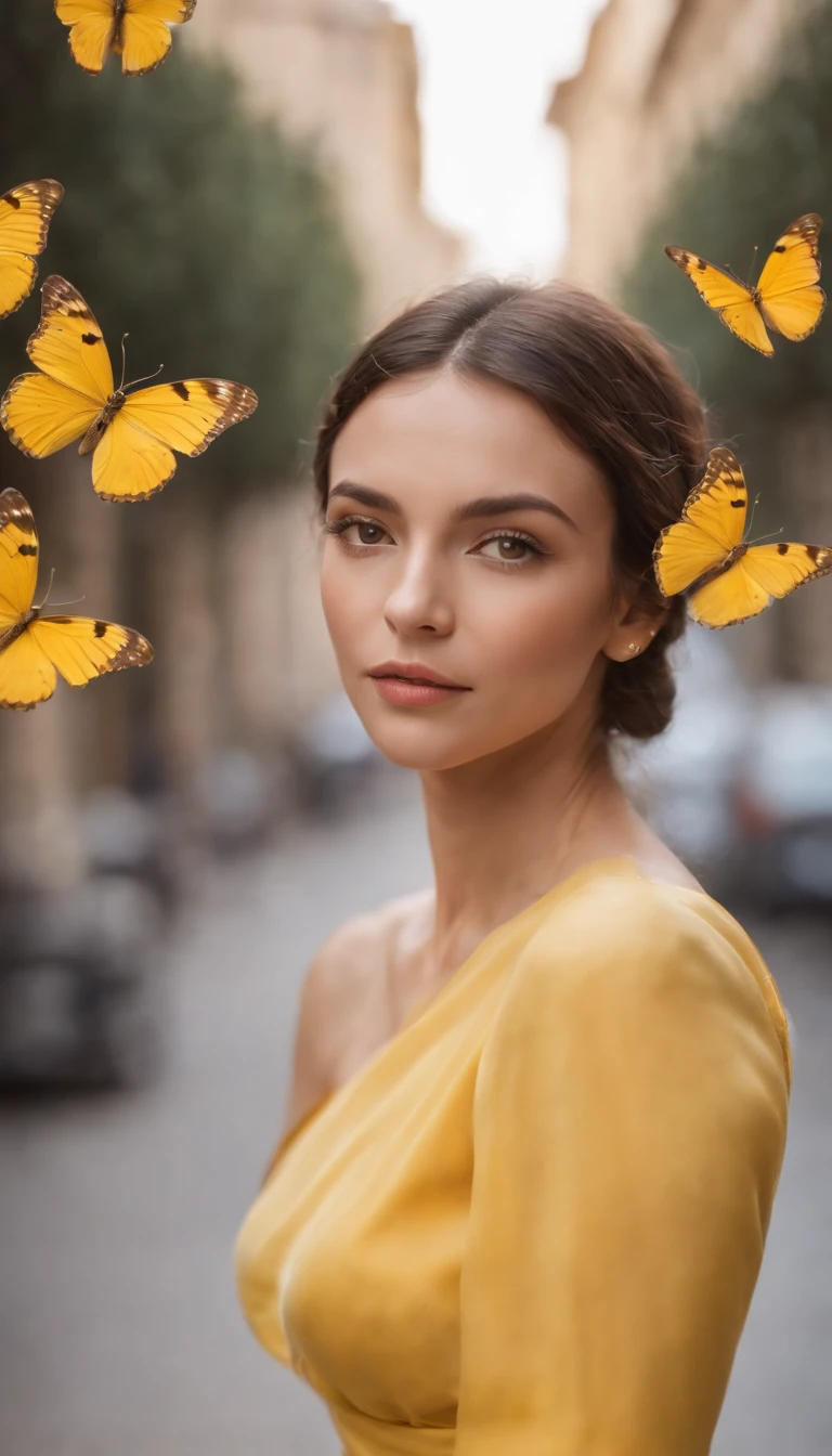 araffe woman in yellow dress, ((upper body)),a portrait inspired by national geographic, pexels contest winner, street art, yellow butterflies, butterflies, yellow clothes, butterfly, fine art fashion photography, harmony of butterfly, butterflies in the foreground, on a yellow canva,fashion photography, shades of yellow, karla ortiz,