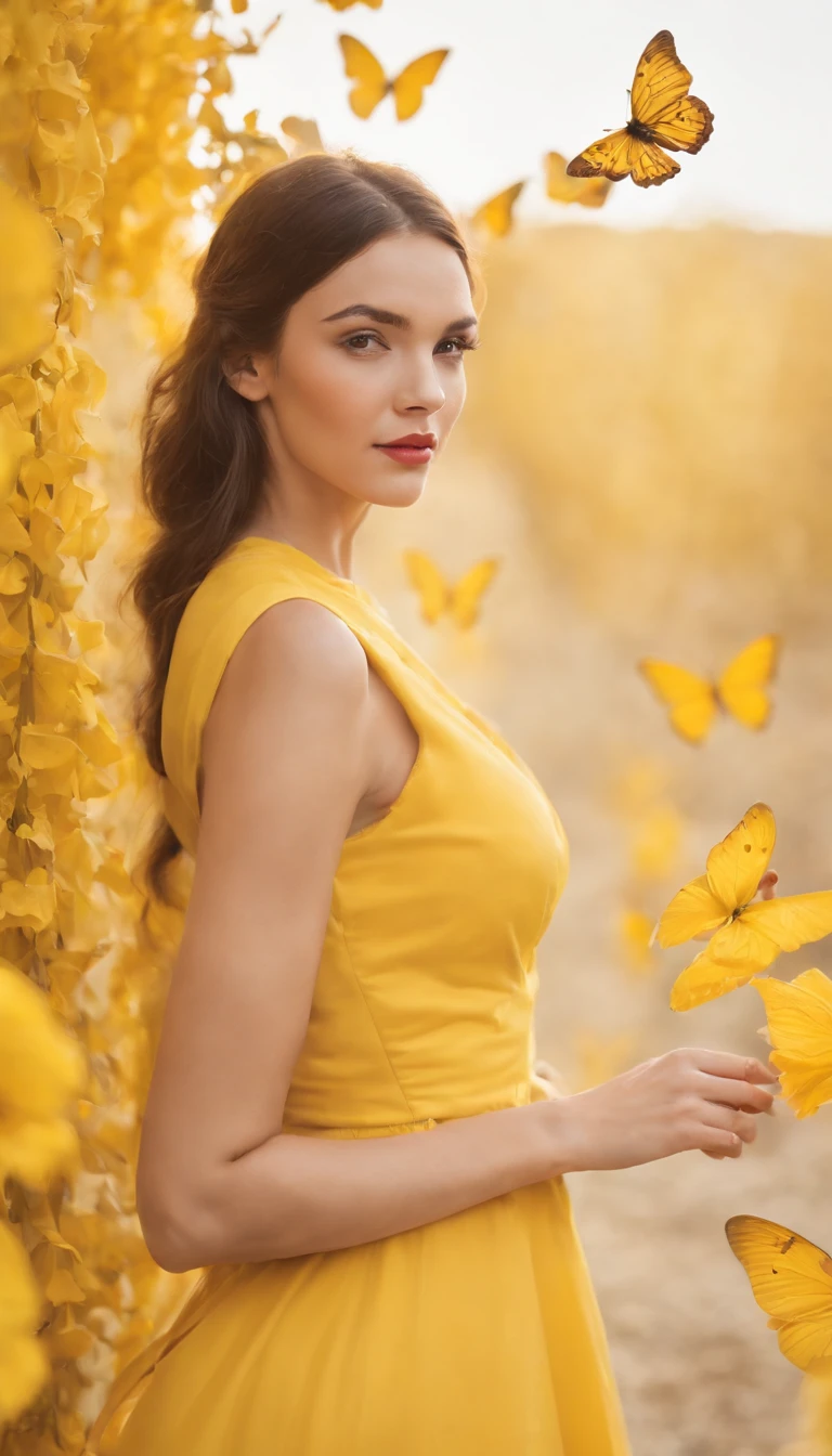 araffe woman in yellow dress, ((upper body)),a portrait inspired by national geographic, pexels contest winner, street art, yellow butterflies, butterflies, yellow clothes, butterfly, fine art fashion photography, harmony of butterfly, butterflies in the foreground, on a yellow canva,fashion photography, shades of yellow, karla ortiz,