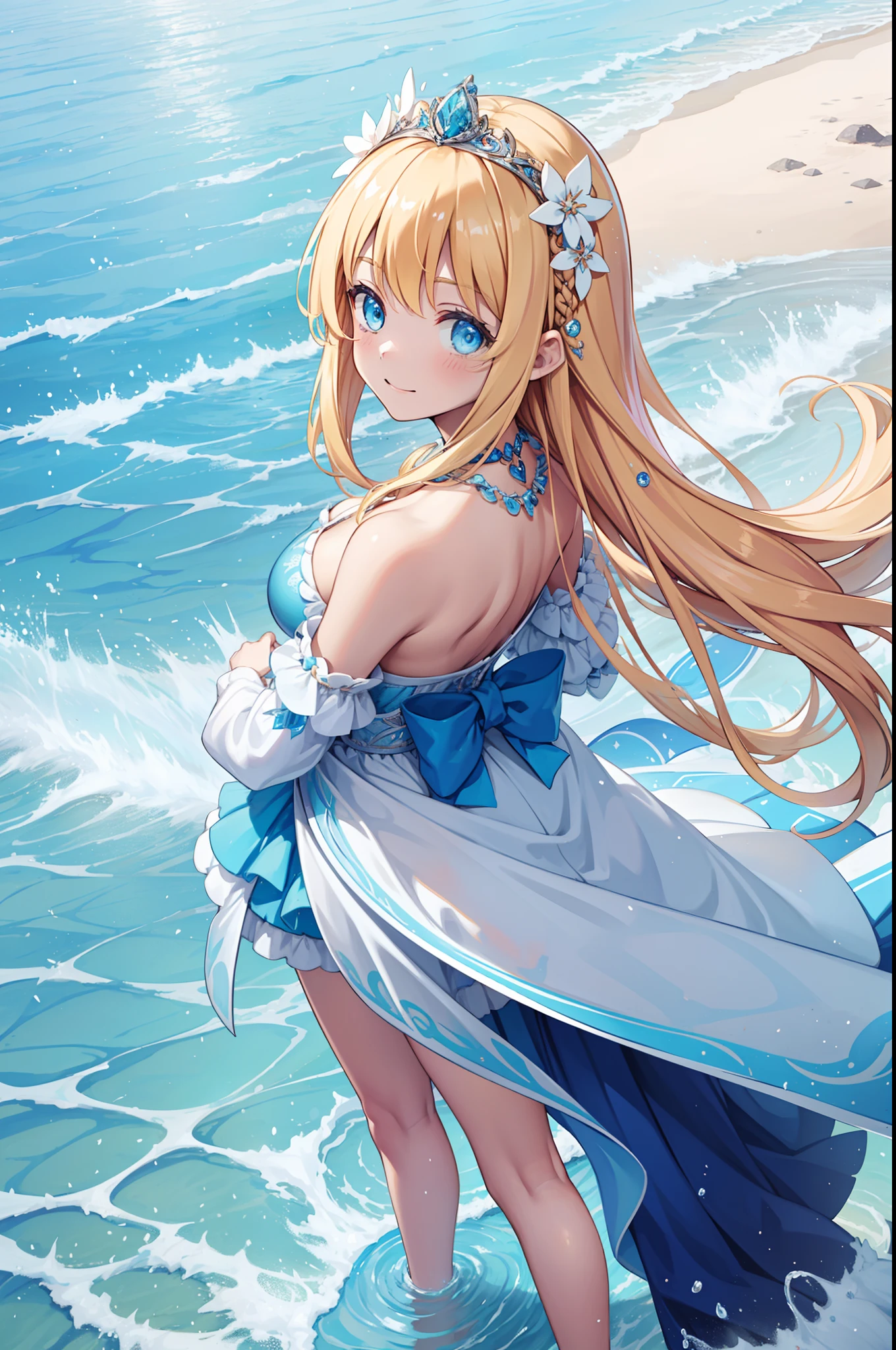teens girl，Enchanted，having fun，Being in love，Princess dress，Light blue swimsuit，beachside，solo person，blond hairbl，((Princess features)),（Exquisite clothing）