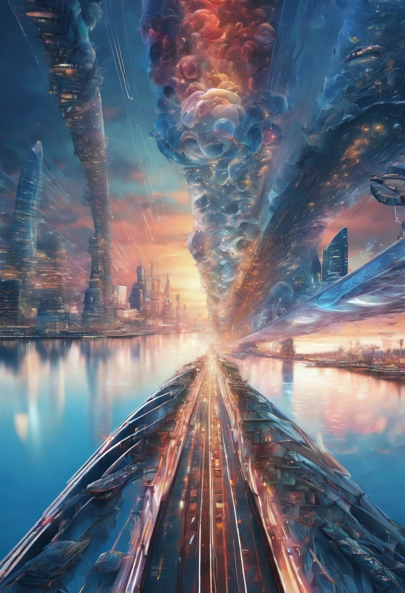 photo realistic, electric spectaculars, mirage of future city, straight road toward back, 8K, highly detailed, extreme coloring, spiritual