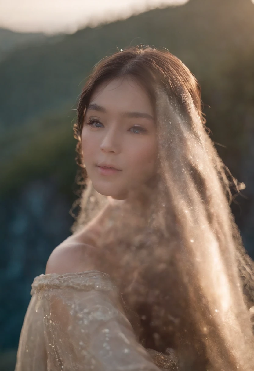Touching close-up of an Asian girl with a beautiful water spirit,Her blue eyes were full of wisdom and a hint of melancholy,Surrounded by the soft afterglow of the setting sun,4K,Shot with the Canon EOS R6,using a portrait lens,Shoot in warm primetime lights