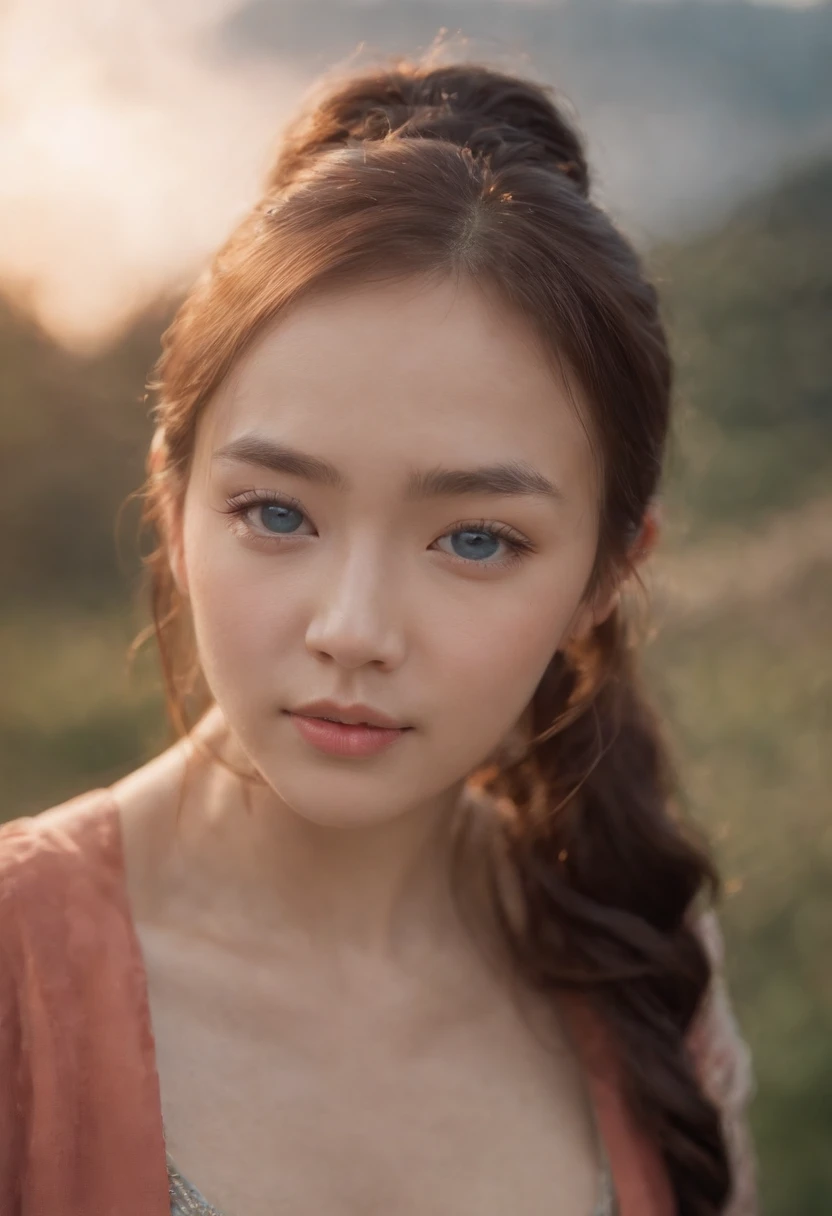Touching close-up of an Asian girl with a beautiful water spirit,Her blue eyes were full of wisdom and a hint of melancholy,Surrounded by the soft afterglow of the setting sun,4K,Shot with the Canon EOS R6,using a portrait lens,Shoot in warm primetime lights