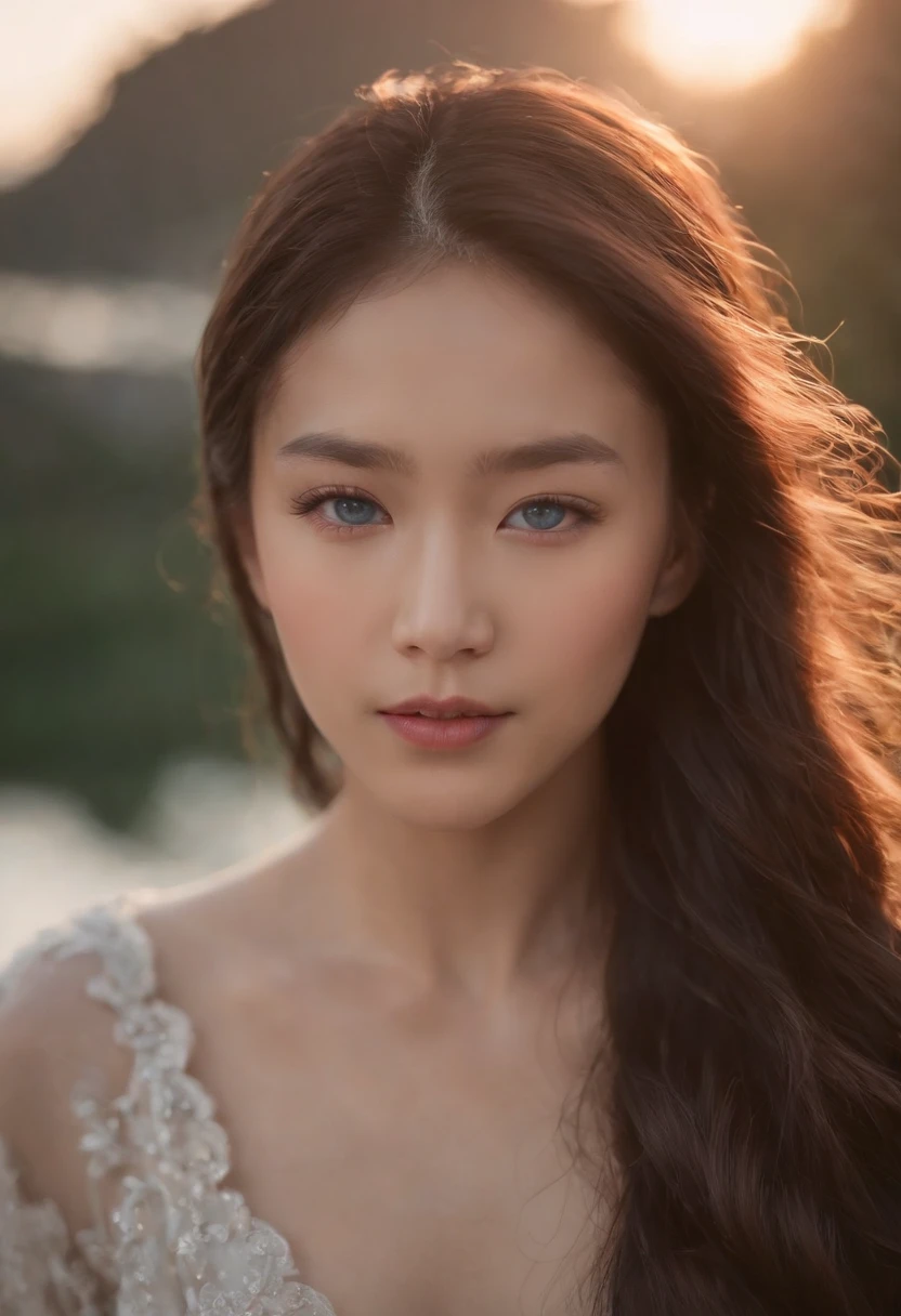 Touching close-up of an Asian girl with a beautiful water spirit,Her blue eyes were full of wisdom and a hint of melancholy,Surrounded by the soft afterglow of the setting sun,4K,Shot with the Canon EOS R6,using a portrait lens,Shoot in warm primetime lights