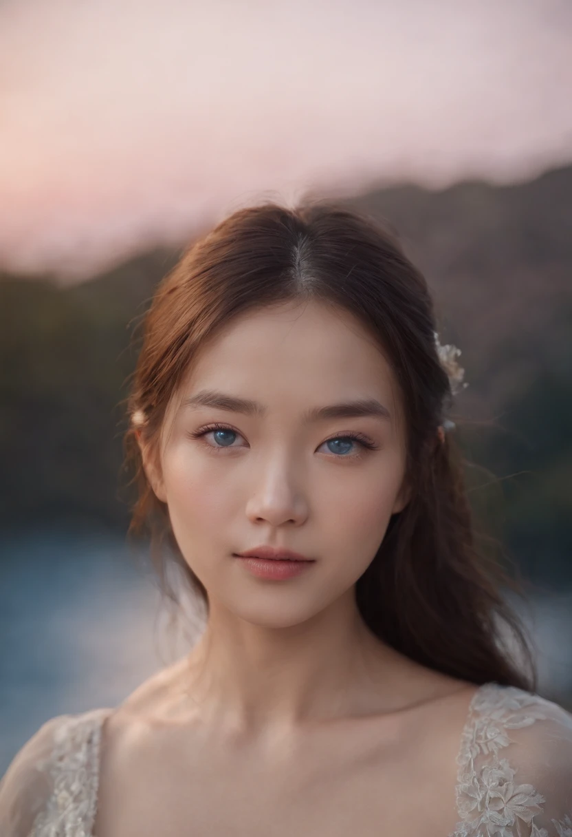Touching close-up of an Asian girl with a beautiful water spirit,Her blue eyes were full of wisdom and a hint of melancholy,Surrounded by the soft afterglow of the setting sun,4K,Shot with the Canon EOS R6,using a portrait lens,Shoot in warm primetime lights