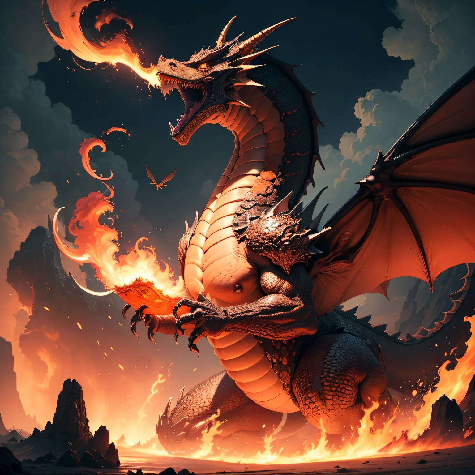 A Dragon on top of a mountain breathing fire on a city 