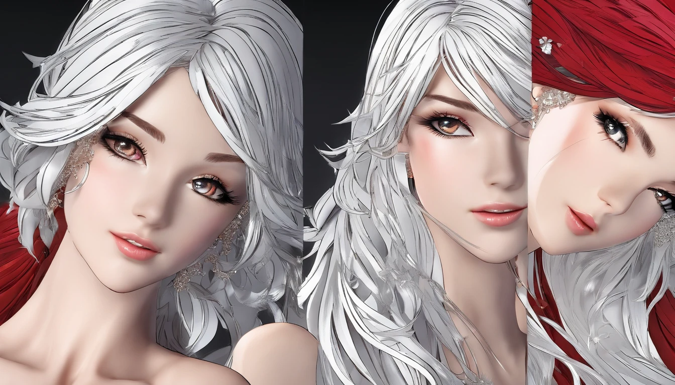 Silver-haired girl, Neon red lights cast side light on smooth long hair, Complex wave patterns, Detailed hairstyling design, vibrant, Shiny hair, Sparkling highlights, reflective surface, Cascade interlocking, Dynamic movements, Ethereal atmosphere, Smooth smooth texture, Glossy appearance, Vivid and saturated colors, Mesmerizing and fascinating, The perfect blend of light and shadow, movie light effect, Sweet and healthy mane, Stunning and fascinating, Fantastical Atmosphere, Pay attention to each line, Radiant hair,Radiant hair, Eye-catching hairstyle, Silky smooth to the touch.