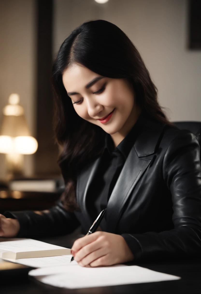 Wearing black leather gloves in both hands, upper body, black business suit, facing the desk in the modern study in the dark, looking down, smiling, writing a letter using a fountain pen, long, straight black hair, young and cute face Japanese female new employee (black leather gloves cover both hands)