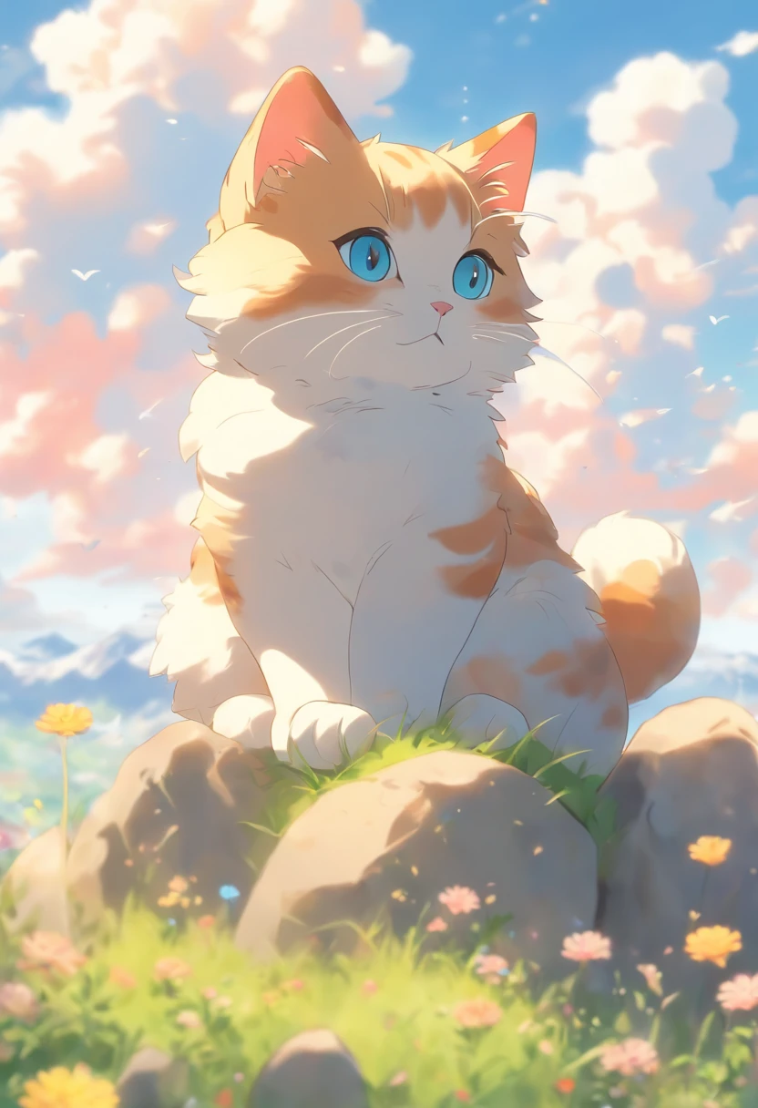 cute cat, sitting on a rock, meadow, clouds, blue sky