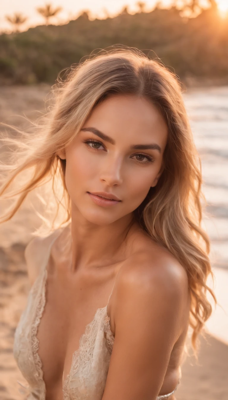 Hawaii,a lovely Extremely low angle full-length photo of a gorgeous young blonde girl in braids and bikini straw hat on the beach in sexy pose, looking at the camera with a mischievous smile, beach,Coconut trees, sea, waves, waterao Fundo, uma praia, Beautiful face and naïve look, Sardas, uma Foto proFissional perFeita, Filmado na Canon PowerShot G7 X Mark II, Portra Kodak 400, view from below, F/1.8 lentes, lente tilt-shiFt, editorial premiado,Glamour photo capturing extraordinary natural landscape and subject with exceptional detail and vibrant colors, tilt angle perspective, hot summertime, Ethereal, Pose Feminina sexy instagram, musa, Glamour, breathtaking beauty, Moody aerial light, romantic soft lighting, magic hour, Luz dourada em cena, Last Light of Sunset, Luz e sombra lindas, hiper-detalhado, lindamente codiFicado por cores, Fotorrealista, clean sharp focus, proFundidade de campo, Dynamic angle, Bokeh foto realista,cowboy shot