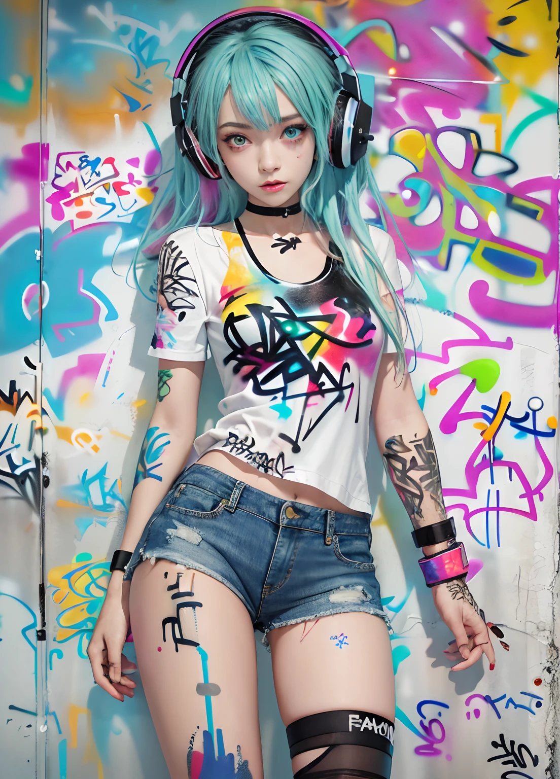 masterpiece, best quality, 1girl, solo, crop top, denim shorts, choker, (graffiti:1.5), paint splatter, arms behind back, against wall, looking at viewer, armband, thigh strap, paint on body, head tilt, bored, multicolored hair, aqua eyes, headset,