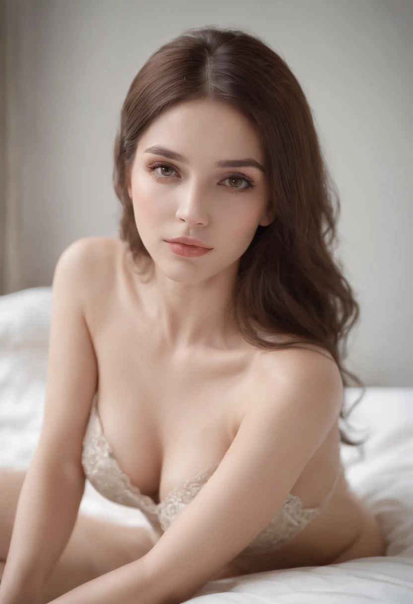 power_csm, medium shot, brunet hair, yellow eyes, blushing, beautiful girl, full body shot, long brunet hair, cleveage, visible bellybutton, perfect body, lying on the bed, slender, thin, legs, sexy, naked