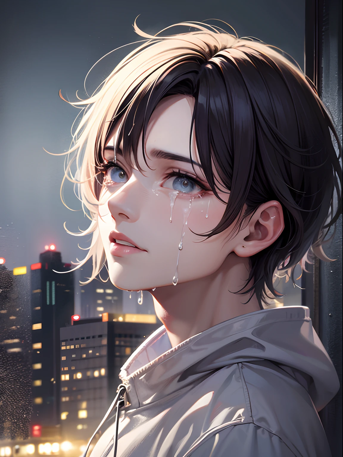 a ager male, cry for love, on the top of the building, heavy rain drop down, wet clothes, wet hair, clear face, lonely, tearing up, eye reflection, streaming tears, tears, ray tracing, reflection light, chiaroscuro, cinematic lighting, close-up, masterpiece, best quality, high details, highres, ccurate, textured skin, high quality, UHD, HD