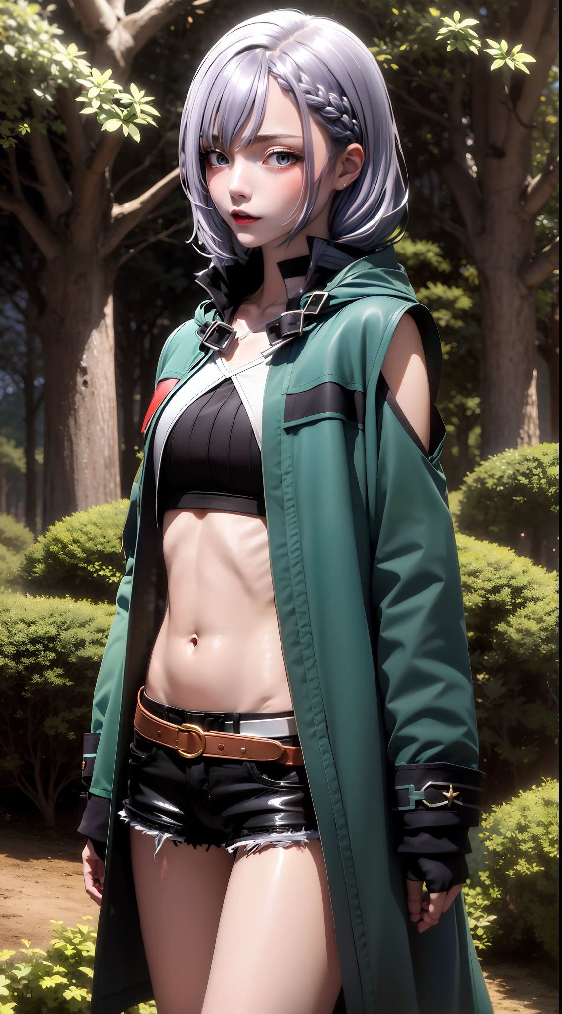 luna jacket, black shorts, thighhigh, silver hair, loose braid, beautiful face, forest background, (masterpiece:1.2), best quality, absurdres, extremely detailed wallpaper, perfect lighting, sunlight,