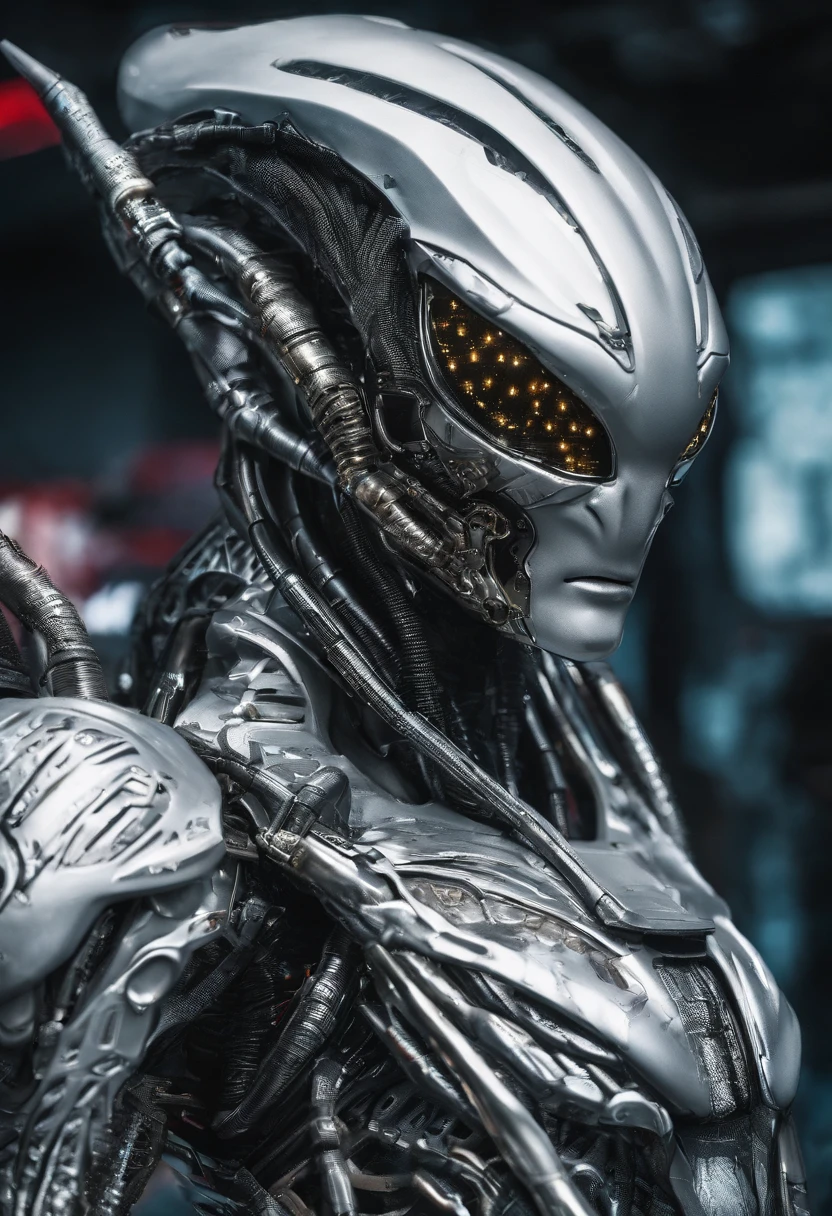 Predator，full bodyesbian，cyber punk perssonage，Silver-white armor，high-tech weapon