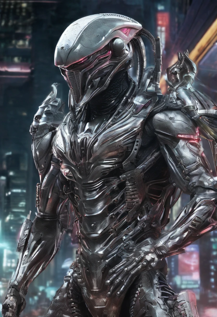 Predator，full bodyesbian，cyber punk perssonage，Silver-white armor，high-tech weapon