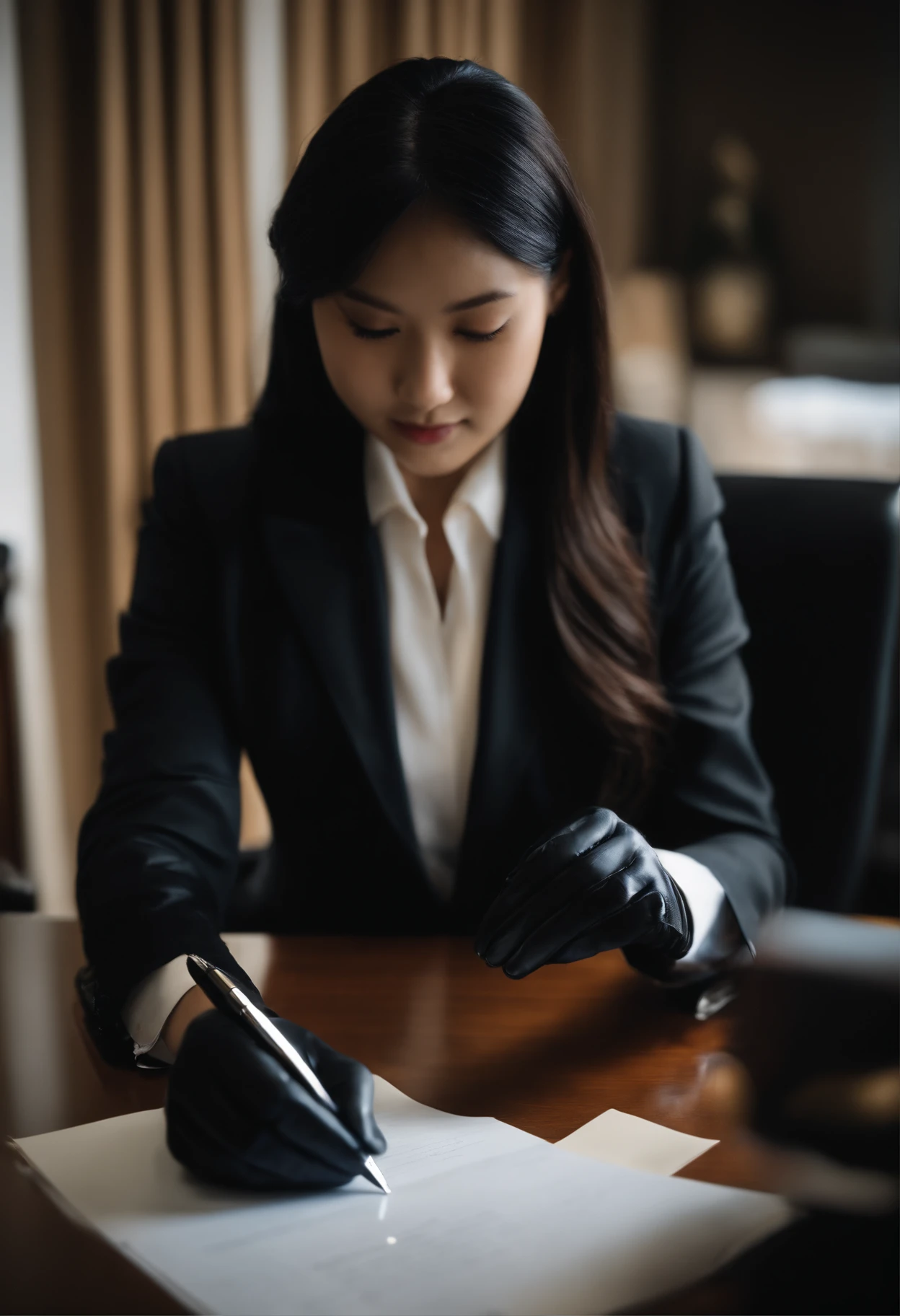 Wearing black leather gloves in both hands, upper body, black business suit, facing the desk in the modern study in the dark, looking down, smiling, writing a letter using a fountain pen, long, straight black hair, young and cute face Japanese female new employee (black leather gloves cover both hands)