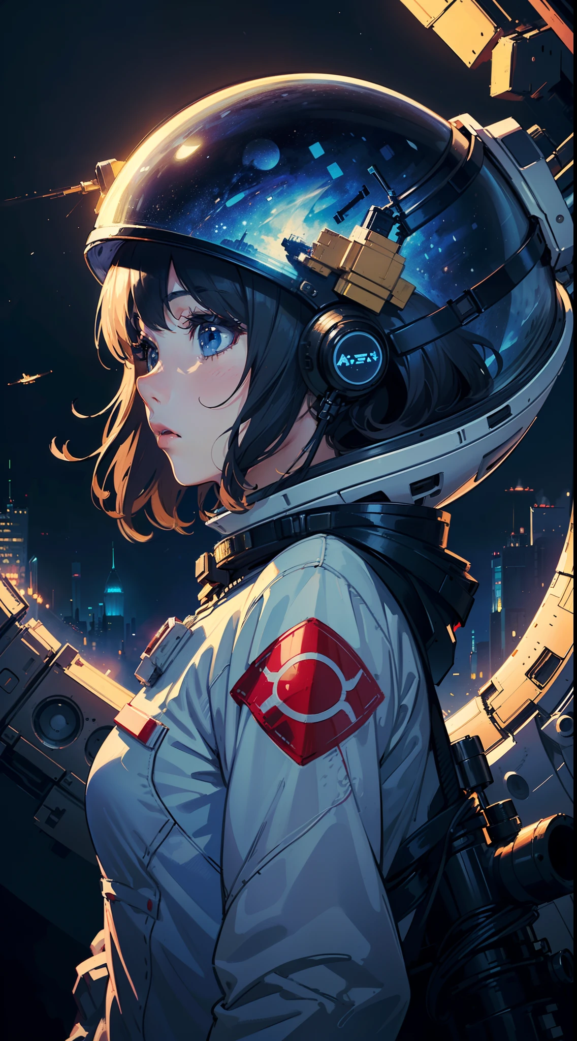 (((masterpiece,best quality,an extremely delicate and beautiful,illustration))),
(from side,medium long shot),
((a cute_detailed_girl in spacesuit,beautiful_detailed_face in aerospace_helmet)),(((upper body))),(disheveled hair:0.3),
(((clouds:0.3),multiple_luna,(floating_fortress technology machinery),night sky background)),
(cyberpunk_aerospace_helmet),