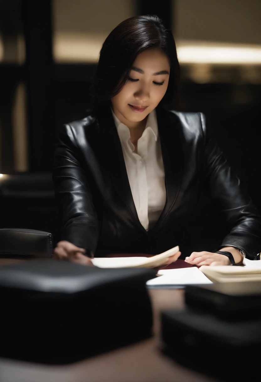 Wearing black leather gloves in both hands, upper body, black business suit, facing the desk in the modern study in the dark, looking down, smiling, writing a letter using a fountain pen, long, straight black hair, young and cute face Japanese female new employee (black leather gloves cover both hands)