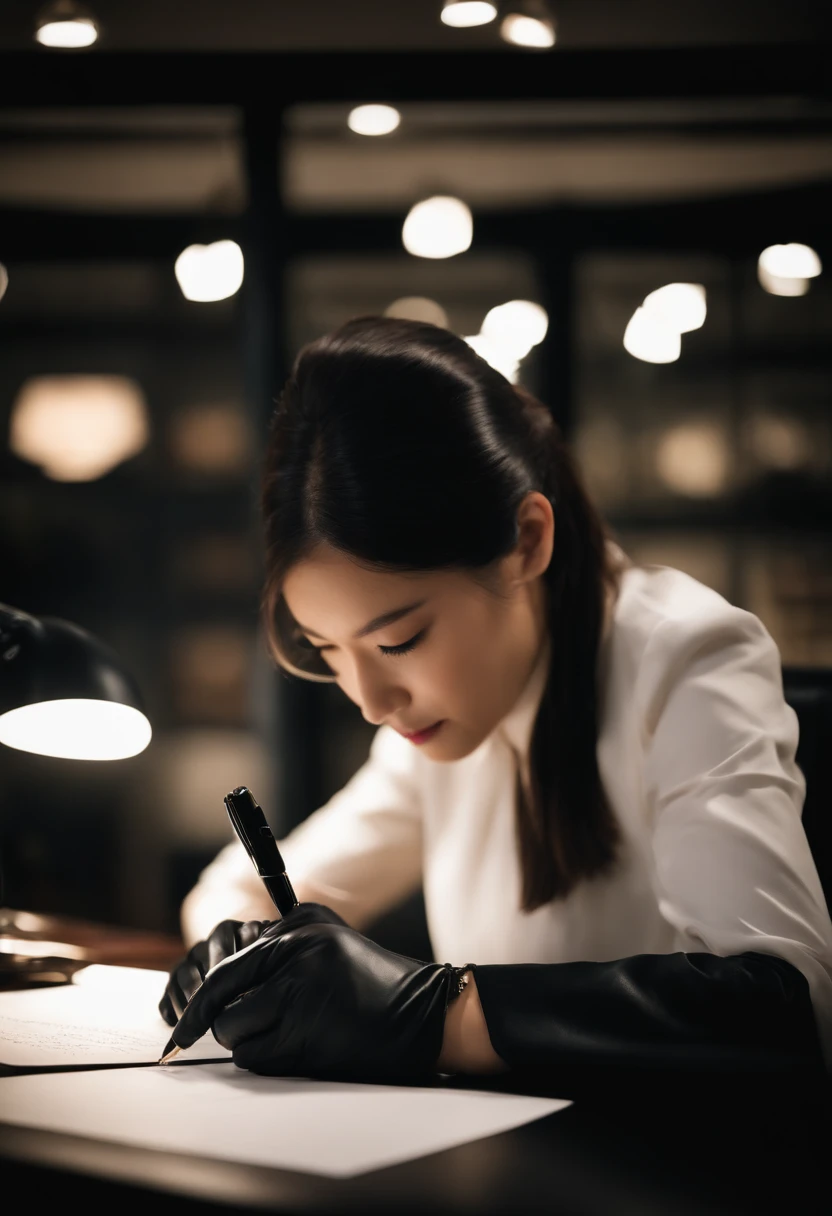 Wearing black leather gloves in both hands, upper body, black business suit, facing the desk in the modern study in the dark, looking down, smiling, writing a letter using a fountain pen, long, straight black hair, young and cute face Japanese female new employee (black leather gloves cover both hands)
