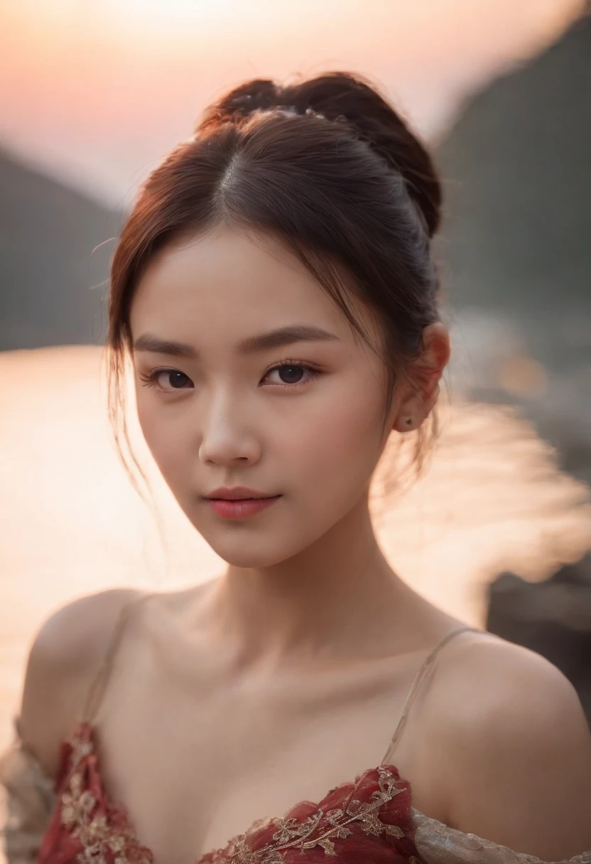 Touch a close-up of an Asian girl with a beautiful water spirit,Her black eyes were full of wisdom and a hint of melancholy,Surrounded by the soft afterglow of the setting sun,4K,Shot with the Canon EOS R6,using a portrait lens,Shoot in warm primetime lights
