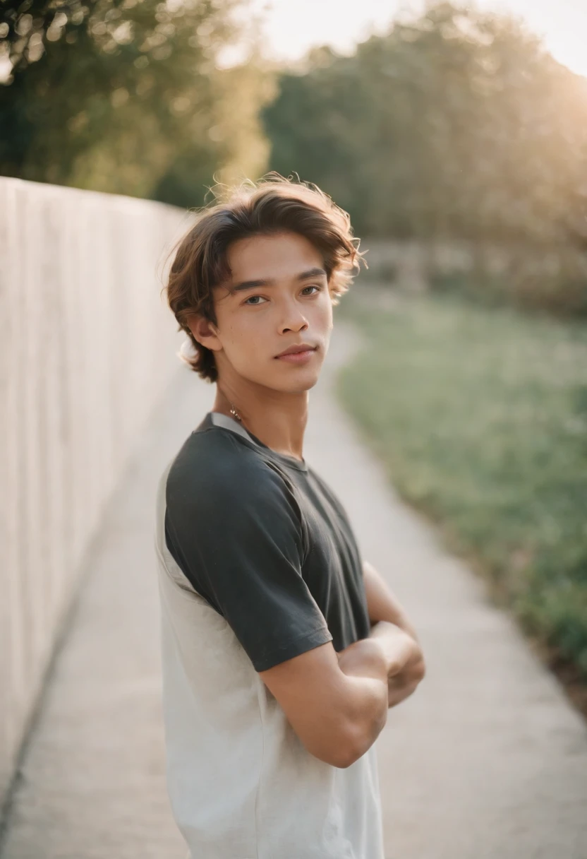 a young man holding a skate board, in the style of fujifilm quicksnap disposable camera, minimalist portraits, light white and gold, rodenstock imagon 300mm f/5.8, balanced asymmetry, heatwave,