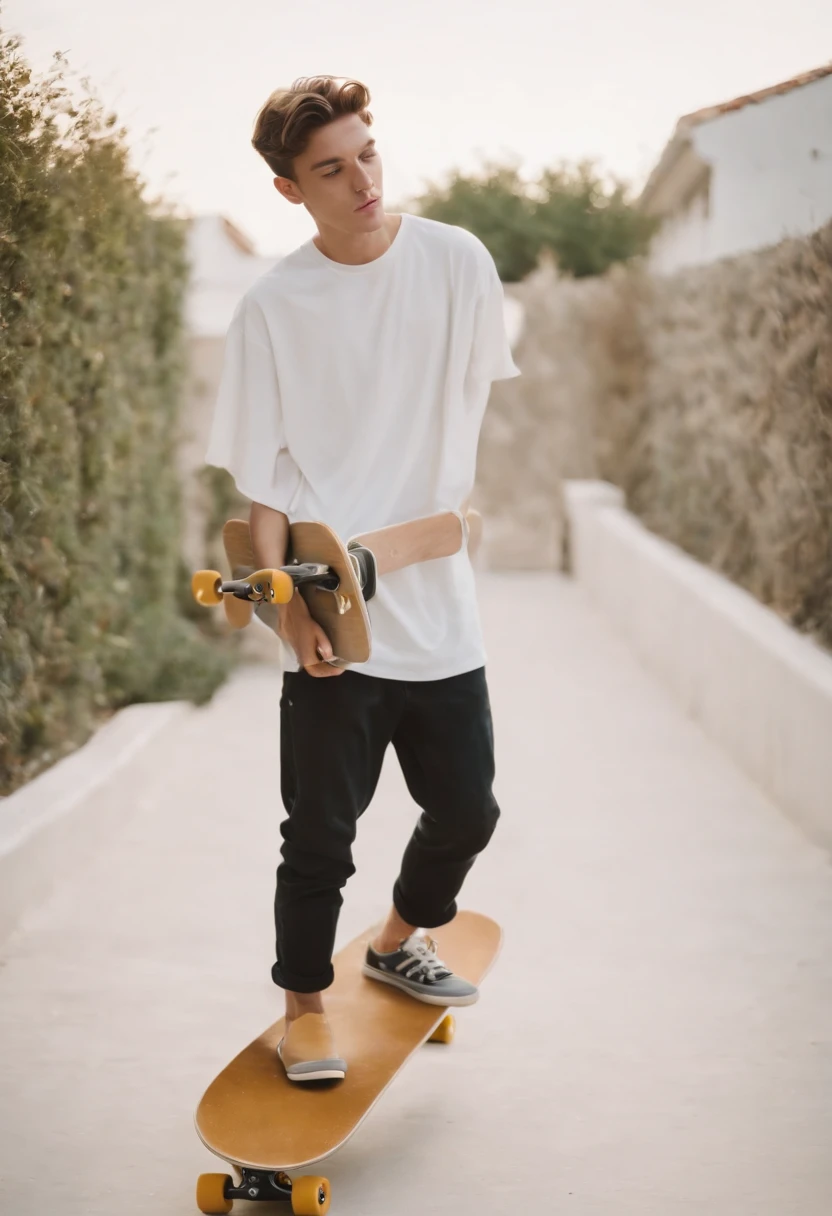 a young man holding a skate board, in the style of fujifilm quicksnap disposable camera, minimalist portraits, light white and gold, rodenstock imagon 300mm f/5.8, balanced asymmetry, heatwave,