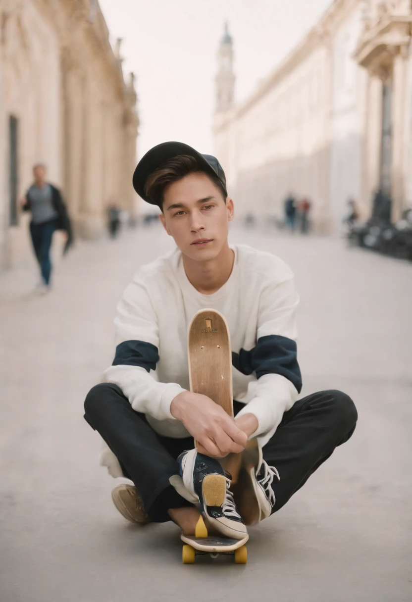 a young man holding a skate board, in the style of fujifilm quicksnap disposable camera, minimalist portraits, light white and gold, rodenstock imagon 300mm f/5.8, balanced asymmetry, heatwave，