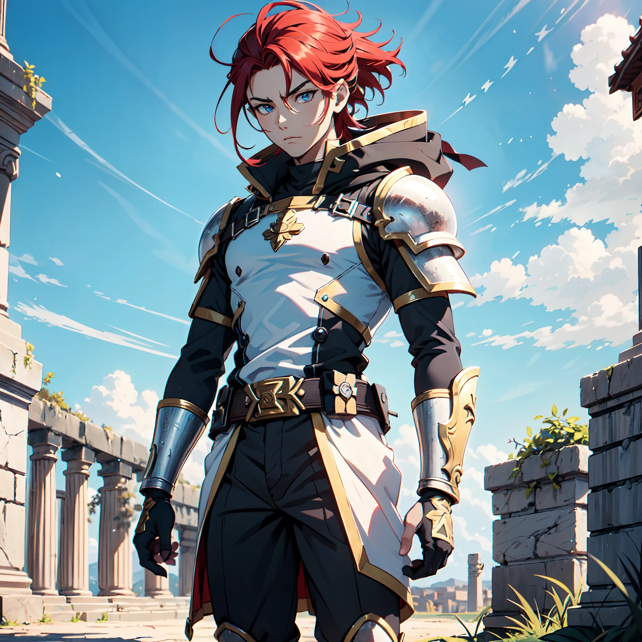 Ultra High Definition, Ultra High Quality, Extremely Detailed, Perfectly Detailed, Masterpiece, 8k, 1 Boy, Look A Like Xin From Kingdom Anime, Handsome, Equipped With Black Paladin Armor, Solid Light Blue Eyes, Long Red Hair, Full Body Shot, Ancient Kingdom Background