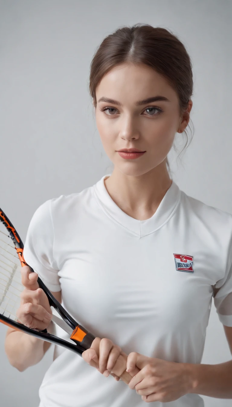 girl in retro sportswear, framing close up to racket, natural light, close up shot, background white room, high quality photo,upper body
