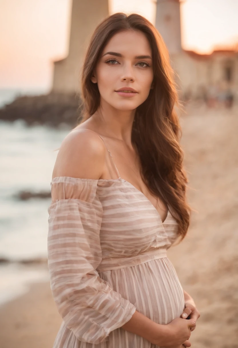 pregnant woman in (dress printed with  striped)，Coastal beauty,(long hair), (bright eyes, sun-kissed skin, carefree expression)，sandy beach background, lighthouse, gentle sea breeze,golden hour lighting, blurred background, rich colors, fine details, hyperrealistic, relaxed atmosphere. natural blurry