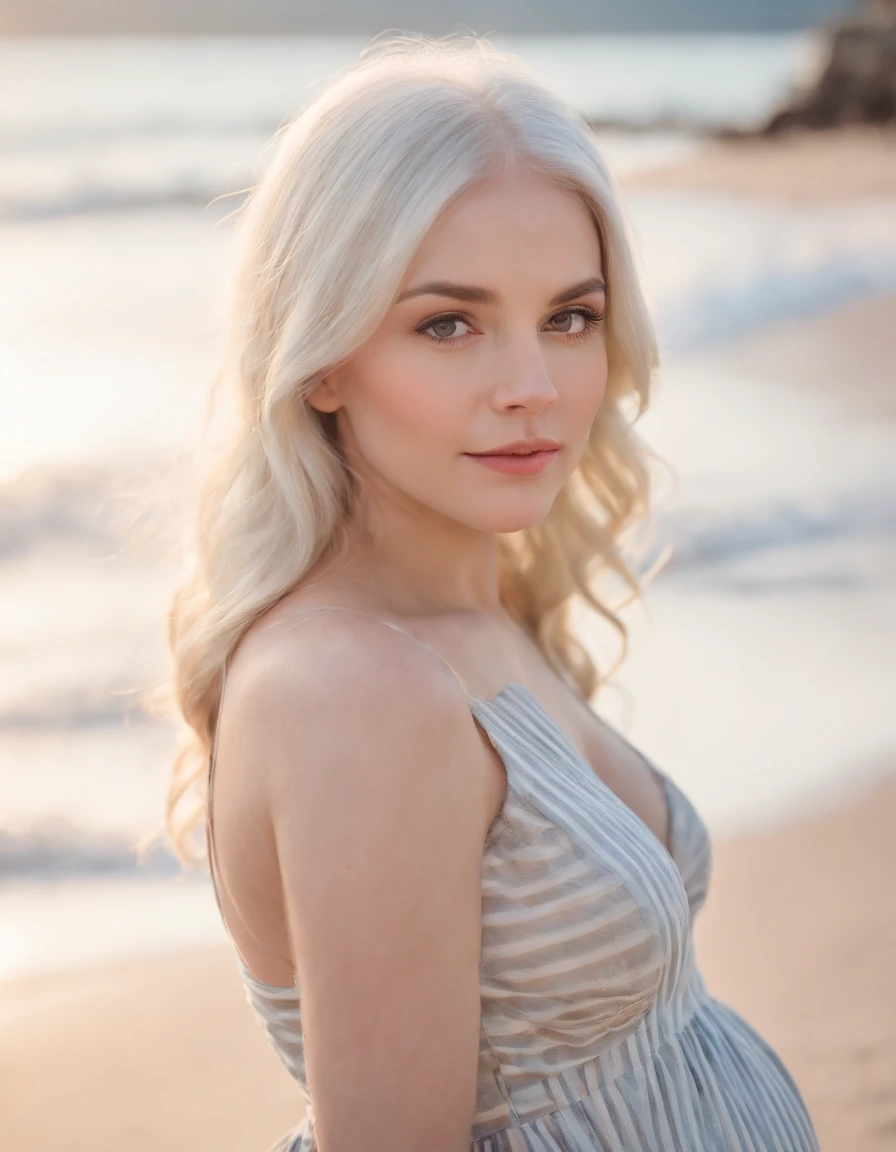 pregnant woman in (dress printed with striped),Coastal beauty,(white hair), (bright eyes, sun-kissed skin, carefree expression),sandy beach background, lighthouse, gentle sea breeze,golden hour lighting, blurred background, rich colors, fine details, hyperrealistic, relaxed atmosphere. natural blurry