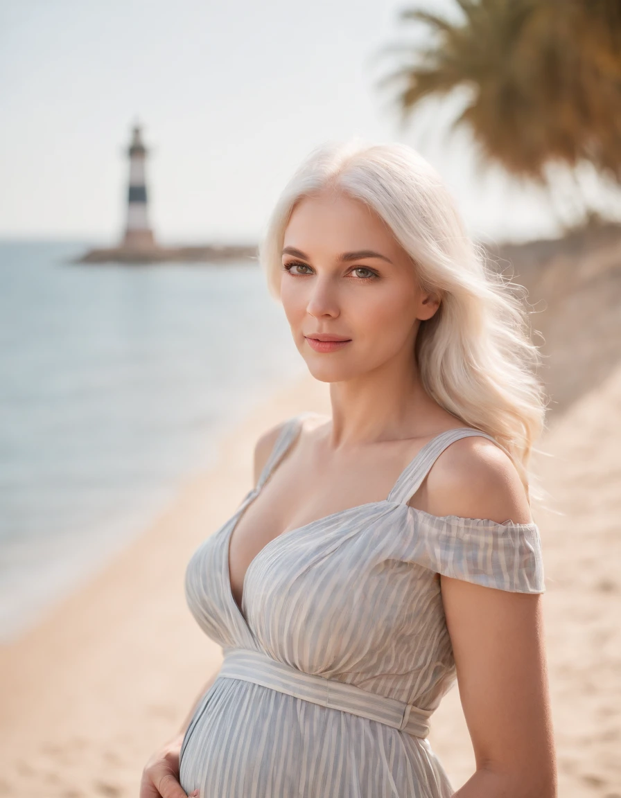 pregnant woman in (dress printed with  striped)，Coastal beauty,(white hair), (bright eyes, sun-kissed skin, carefree expression)，sandy beach background, lighthouse, gentle sea breeze,golden hour lighting, blurred background, rich colors, fine details, hyperrealistic, relaxed atmosphere. natural blurry