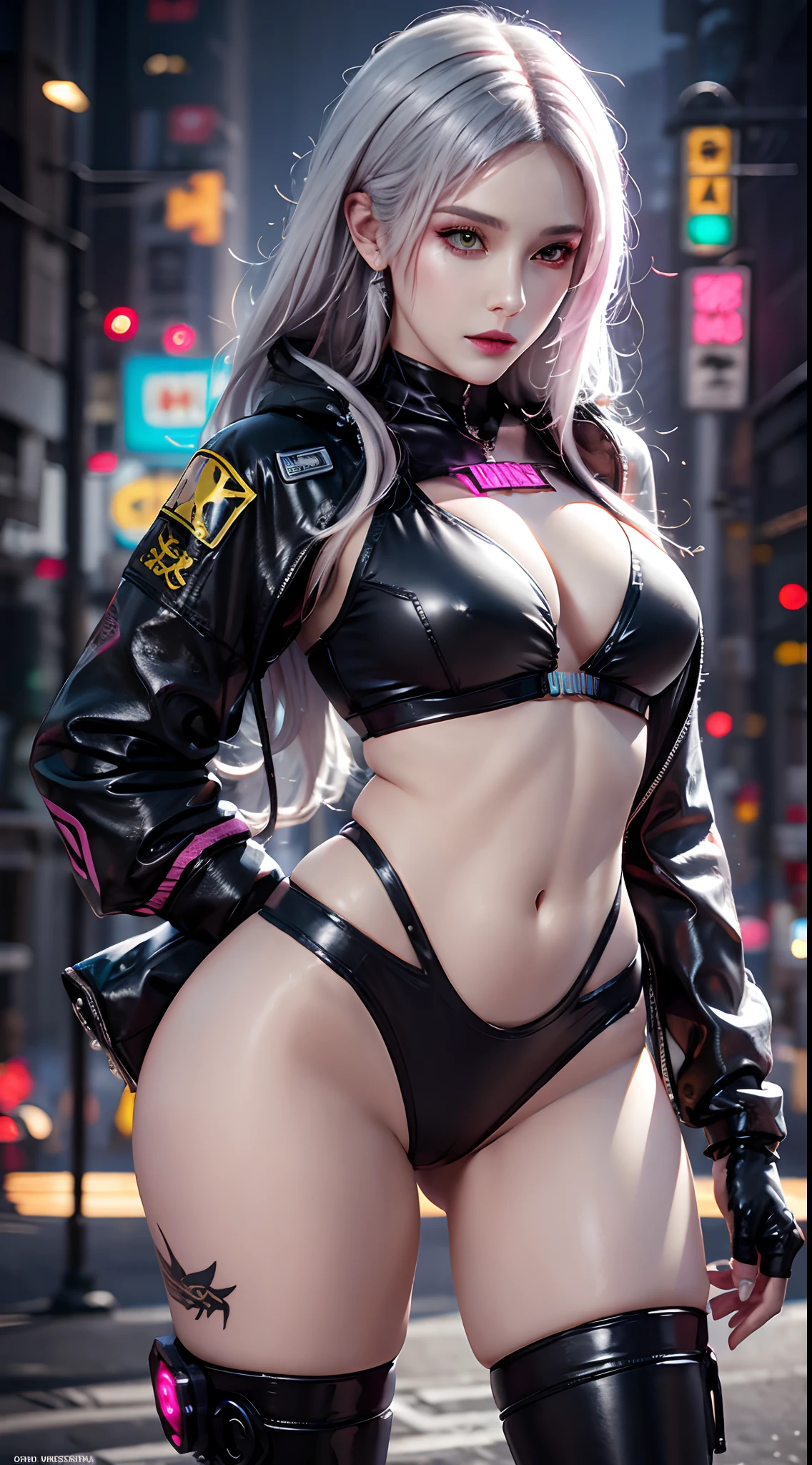 photorealistic, high resolution, 1women, mature female, solo, hips up, jewelry, tattoo, white hair, long hair, make up, pink lips, cyber wear, jacket, cyberpunk 2077 style, cyborg, mechanical body parts, night city, neon lights