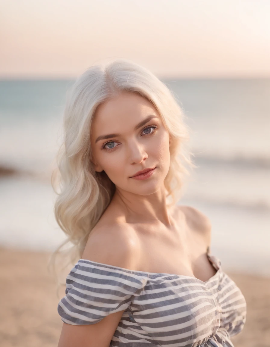 pregnant woman in (dress printed with striped),Coastal beauty,(white hair), (bright eyes, sun-kissed skin, carefree expression),sandy beach background, lighthouse, gentle sea breeze,golden hour lighting, blurred background, rich colors, fine details, hyperrealistic, relaxed atmosphere. natural blurry