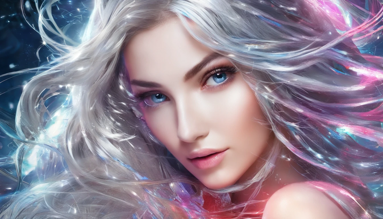 Silver-haired girl, Neon red lights cast side light on smooth long hair, Complex wave patterns, Detailed hairstyling design, vibrant, Shiny hair, Sparkling highlights, reflective surface, Cascade interlocking, Dynamic movements, Ethereal atmosphere, Smooth smooth texture, Glossy appearance, Vivid and saturated colors, Mesmerizing and fascinating, The perfect blend of light and shadow, movie light effect, Sweet and healthy mane, Stunning and fascinating, Fantastical Atmosphere, Pay attention to each line, Radiant hair,Radiant hair, Eye-catching hairstyle, Silky smooth to the touch.